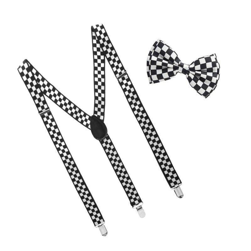Man of Men - Men's Black & White Checkered Bowtie & Suspender Set - Image 1